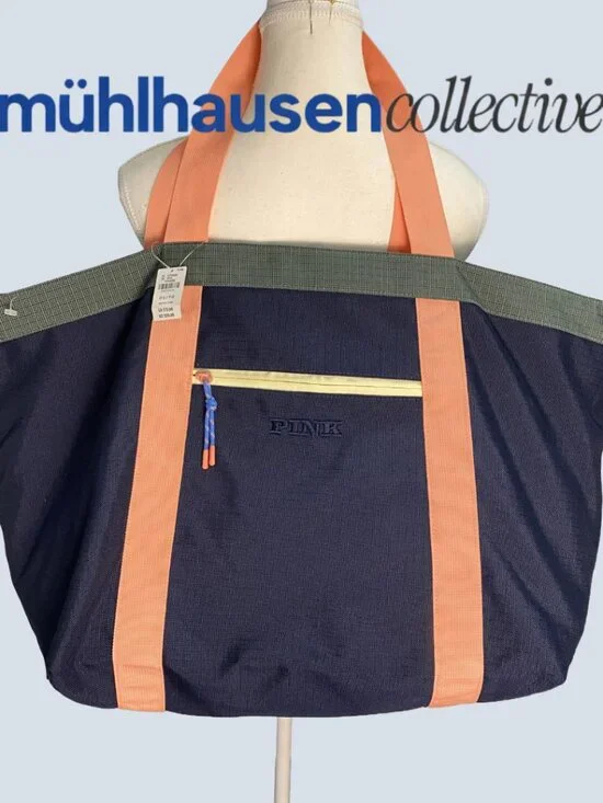 Victoria’s Secret PINK Oversized Tote Bag Navy Coral NWT - Picture 1 of 4